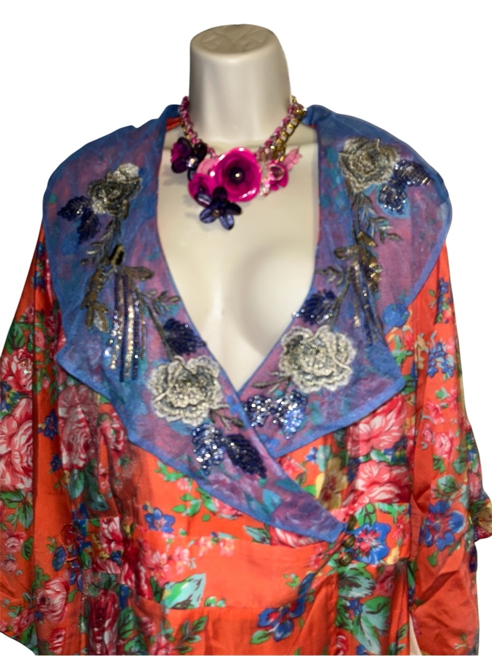 ❤️🔥.Aratta Large Orange Floral Wrap Midi Dress Embellished Removable Yoke A-13 - Picture 4 of 7